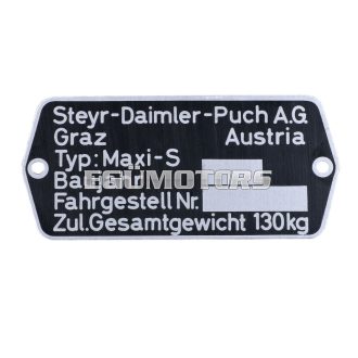   Frame type plate dimensions 74 x 35mm for Puch Maxi S moped moped